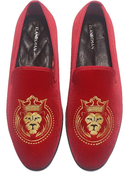 ELANROMAN Men\'s Red Velvet Loafers Embroidered Lion Crown Formal Party Shoes